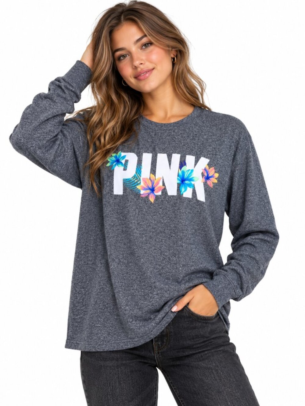 VS PINK Embroidered Hibiscus Floral Logo Heather Gray Campus Long Sleeve Tee Sma